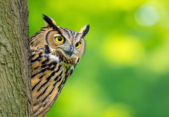 Fototapeta premium A majestic owl with bright yellow eyes perches on a tree trunk against a blurred green background. Its feathers are predominantly brown and tan with intricate patterns.