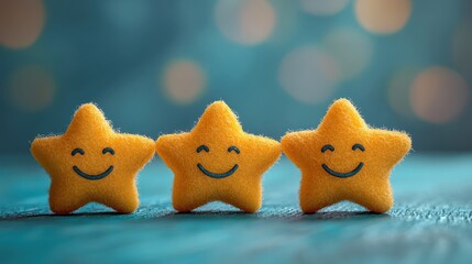 Three cheerful yellow stars with smiling faces representing customer satisfaction surrounded by copy space for ideas