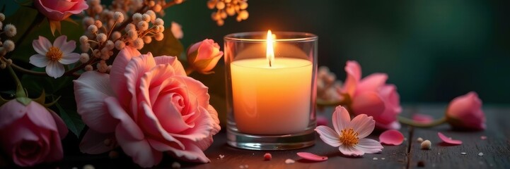 Glass container with lit candle and surrounding flowers, evening, bouquet