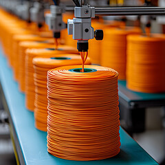 Automated industrial process vibrant orange spools of cable neatly arranged on a conveyor belt, signifying mass production and technological advancement.