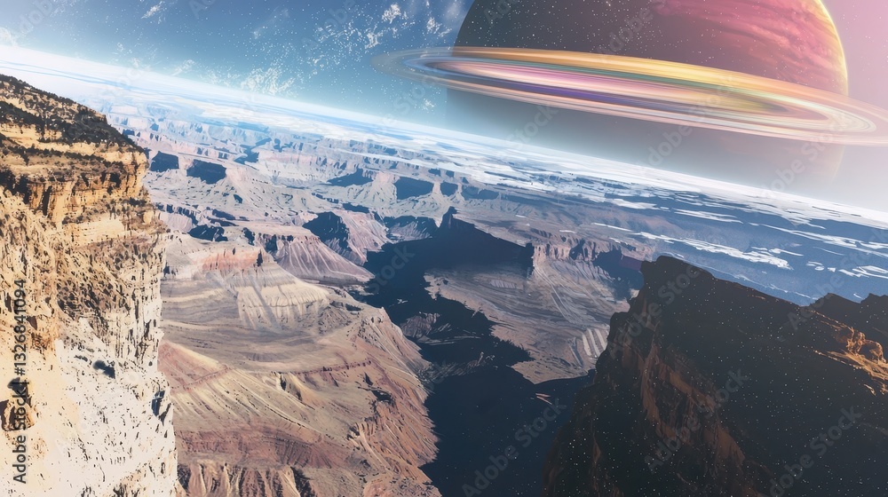 Poster a stunning distant exoplanet with a large red object in the sky surrounded by endless canyons and ma