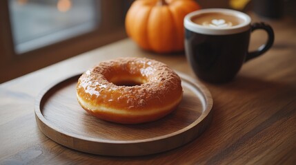 A pumpkin spice-flavored doughnut on a wooden plate, paired with hot coffee