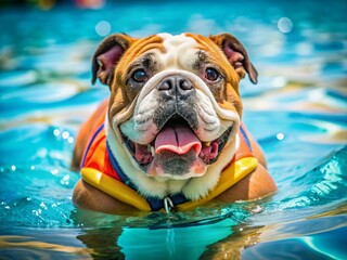 English Bulldog in Life Jacket Swimming Pool Summer Fun