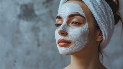 Fototapeta premium Young woman with a skincare face mask and towel headband enjoying a self-care moment in soft lighting