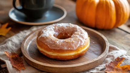 A pumpkin spice-flavored doughnut on a wooden plate, paired with hot coffee