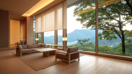  japanese living room with natural wood