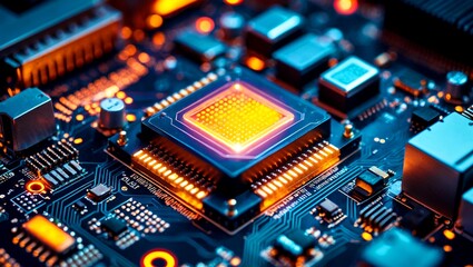 Obraz premium Glowing processor on detailed computer circuit board