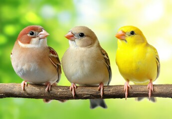 Naklejka premium Three small birds of different colors perched on a branch against a blurred green background. The birds are brown, tan, and yellow.