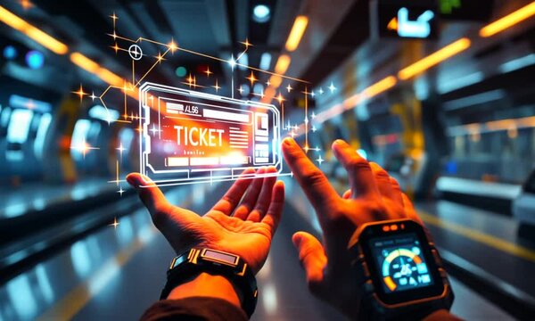 Futuristic transit ticket, digital display, subway station, commute