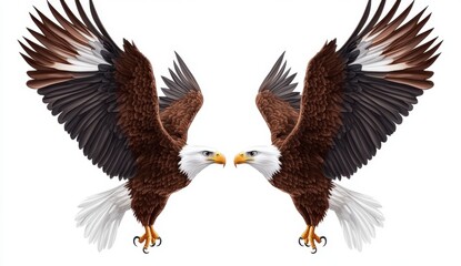 Obraz premium Two majestic bald eagles with brown and white feathers, wings outstretched, face each other against a stark white background. A powerful image symbolizing freedom, strength, and nature.