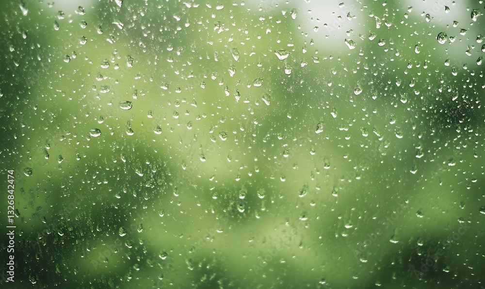 Poster Rain droplets on a window with a blurred green background.