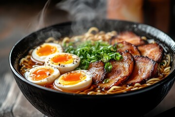 Fototapeta premium Delicious bowl of ramen with soft boiled eggs and grilled pork slices