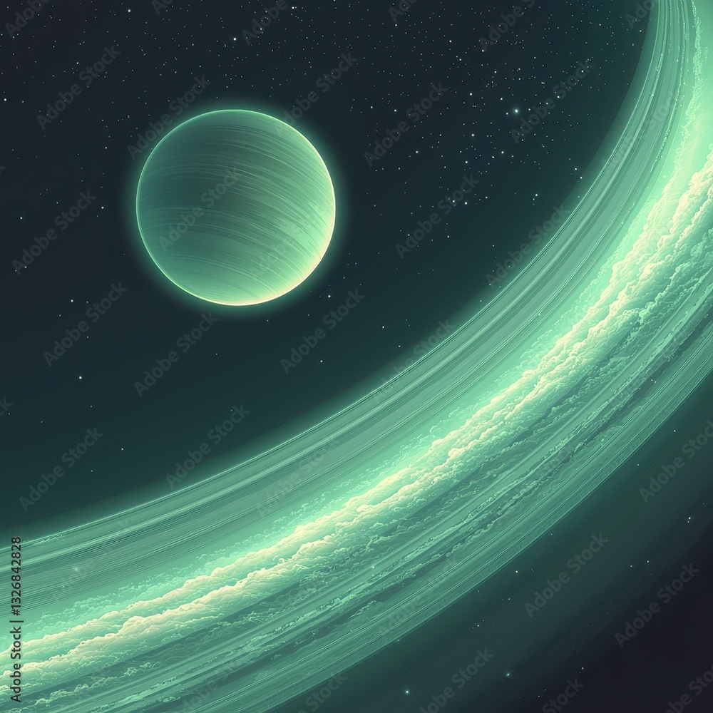 Poster elegant cosmic scene showcasing a planet with a large white object in the middle against a stunning 