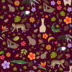 Seamless pattern with animals of South America on dark background  © Tais