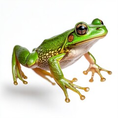 Fototapeta premium Close up of a vibrant green frog with large, dark eyes against a bright white background. The frog is positioned in a three quarter view, showcasing its detailed texture and features.