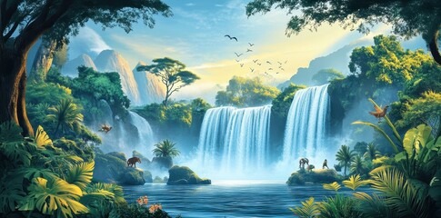 Lush green waterfalls cascading down into a bright blue river