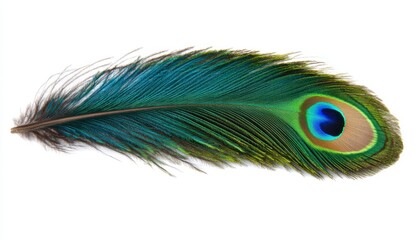 Obraz premium A single peacock feather with vibrant green, blue, and brown hues is shown against a stark white background. The intricate details of the feather are clearly visible.