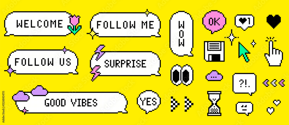 Poster pixel speech bubble messages in the mood of 90's. welcome, follow social media web interface button,