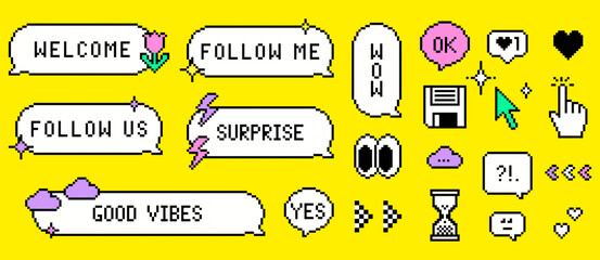Pixel speech bubble messages in the mood of 90's. Welcome, Follow social media web interface button, sticker, badge. 8bit emoji set. Y2k dialogue balloon vector icons set. Retro game abstract elements