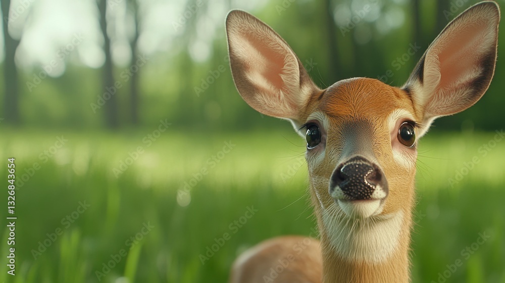 Poster close up of a young deer in a lush green field, sunlight filtering through the trees in the backgrou