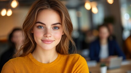 Obraz premium Smiling young woman in a casual sweater in a bright modern office. Generative AI