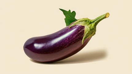 A single eggplant with glossy purple skin, placed on a soft beige background.
