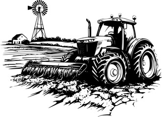 Farm Tractor Plowing Field with Farmhouse Outline - Black Vector Illustration