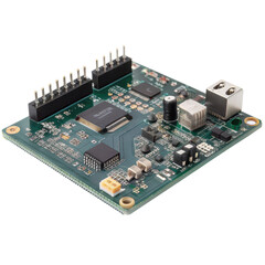 A detailed electronic circuit board featuring various components for functionality and connectivity isolated on transparent background.