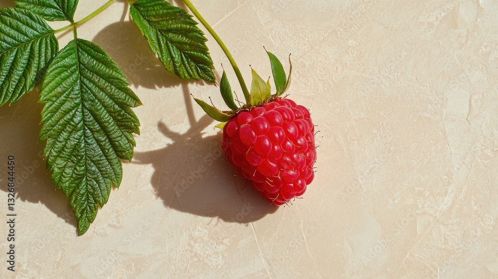 Poster a single raspberry with detailed texture against a neutral backdrop, ideal for text overlays.