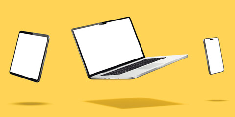 Levitation laptop computer, tablet and cellphone mockup
