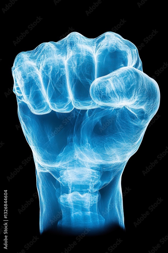 Poster abstract digital rendering of a clenched fist, glowing blue, on a black background. the fist is comp