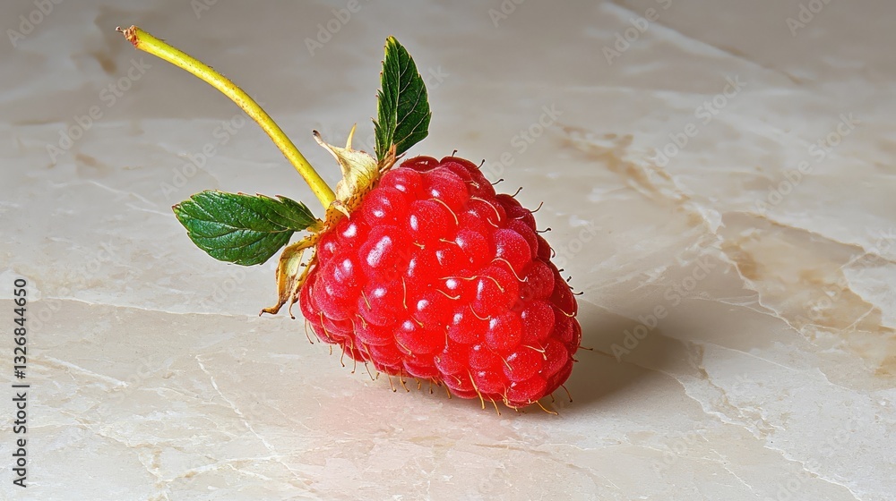 Poster a single raspberry with detailed texture against a neutral backdrop, ideal for text overlays.