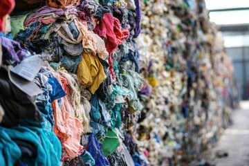 Colorful Textile Waste Stacked at Recycling Facility