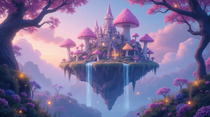 Obraz premium magical floating castle surrounded by giant mushrooms and waterfalls, set in vibrant fantasy landscape