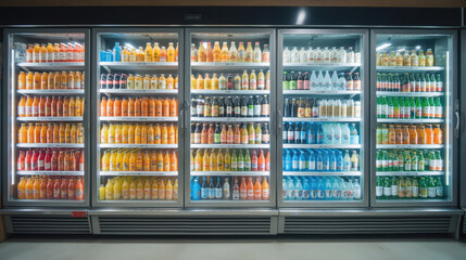 colorful display of various beverages in supermarket fridge, showcasing wide range of drinks