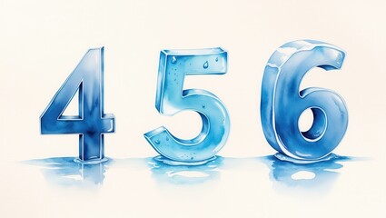 Icy Blue Numbers 456 Watercolor Illustration of Frozen Digits with Water Reflections