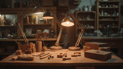 well organized workshop with three desk lamps illuminating various tools and wooden blocks, creating warm and inviting atmosphere