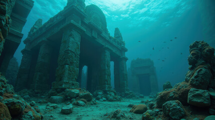 ancient underwater temple with stone structures and statues, surrounded by fish. serene blue water creates mystical atmosphere