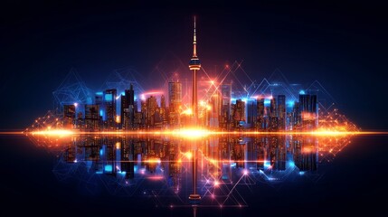 Vibrant city skyline silhouette with intricate hand-drawn patterns mimicking mandalas, glowing abstract gradients, twilight backdrop