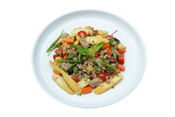 Thai food, Pad Krapow Pork, white plate, transparent background popular food 