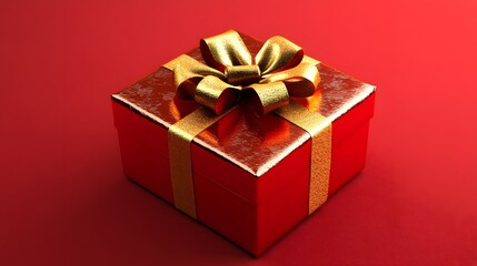 Obraz premium Present box with bow isolated on pure red background