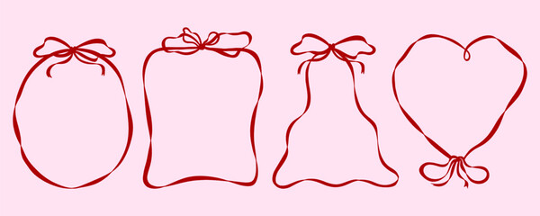 Coquette vintage hand-drawn ribbon and bow frames in monochrome blue ink. Includes oval, rectangular, bell, and heart shapes © Alina Kolyuka