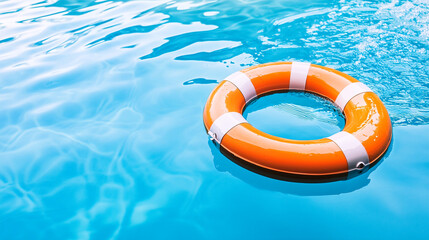 Orange and white life preserver floating in a clear blue pool, capturing summer fun and water safety for vacation themes.