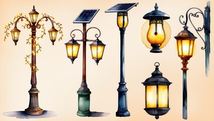 Collection of Watercolor Street Lamps Solar Classic and Ornate Designs Illuminated at Night