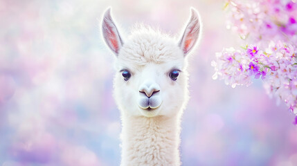 Obraz premium Fluffy white llama with a serene expression, framed by soft pink flowers and greenery, ideal for animal and spring themes.