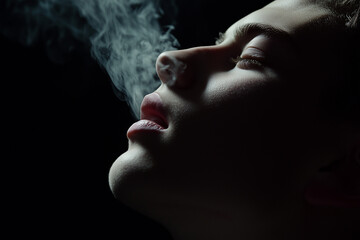 An intense close-up of a sleeping person experiencing breathing difficulties, their face showing signs of distress with copy space. Dim moody lighting. Dark bedroom background.