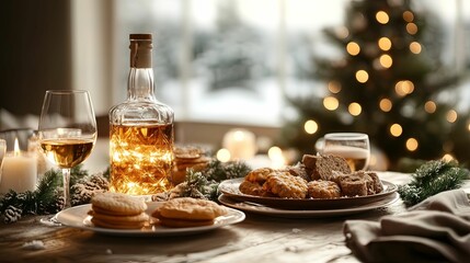 A cozy holiday scene featuring a bottle of whiskey, glasses, and assorted cookies near a beautifully lit Christmas tree.