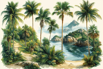 Fototapeta premium Idyllic tropical beach with palm trees and lush vegetation framing a tranquil bay. Postcard, summer vacation, landscape.