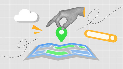 halftone collage, Interactive map navigation, GPS pin drop, and search optimization for travel, business, and local SEO