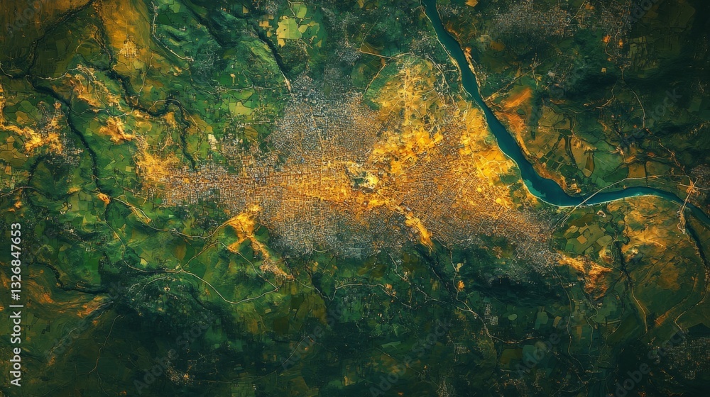 Poster a detailed satellite view showcases an urban area surrounded by diverse green terrain, highlighting 